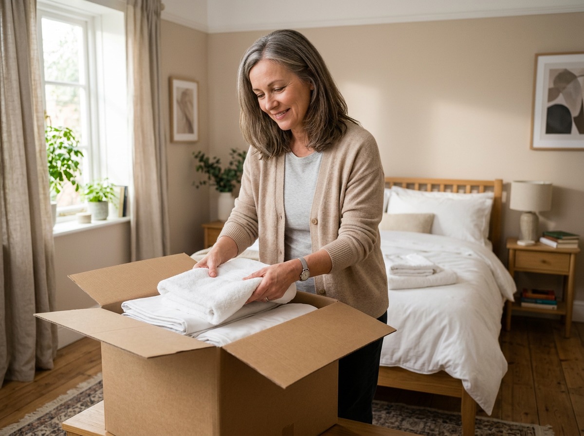 Middle-aged woman gently placing folded linens into a moving box in a bright bedroom