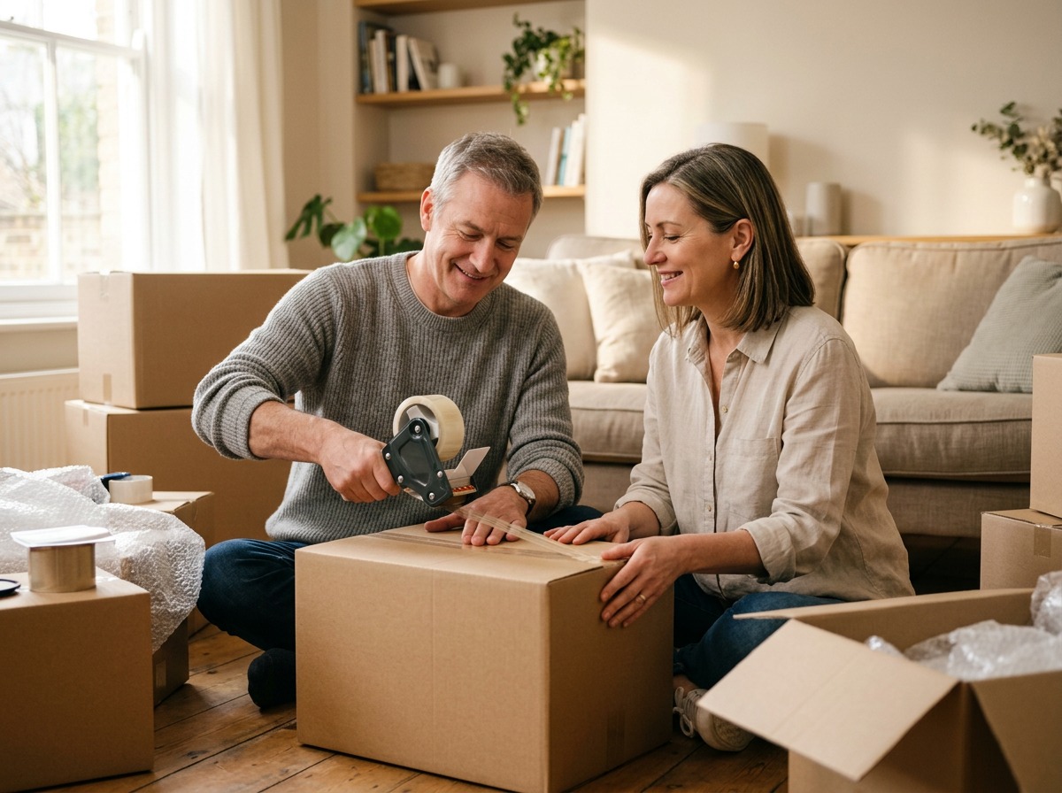 Middle-aged couple calmly taping up a moving box together in their living room
