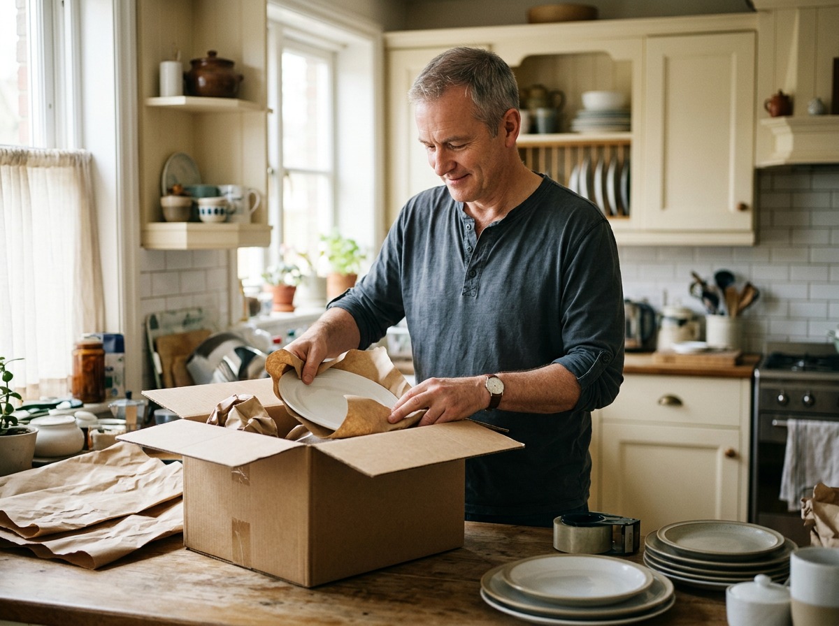 Middle-aged man wrapping a plate in packing paper and placing it into a box in the kitchen